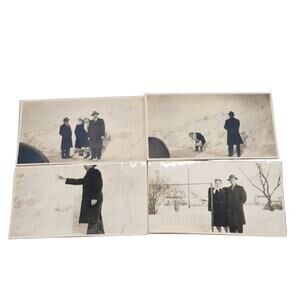 Vtg Junk Drawer Lot of 4 Monochrome Photos of Friends Playing in The Snow